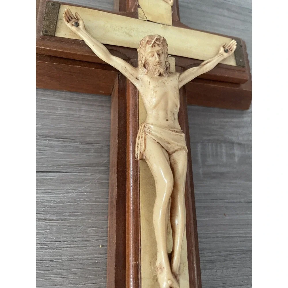 Vintage Mother‎ of Pearl Wood Crucifix Last Rites Sick Catholic Cross